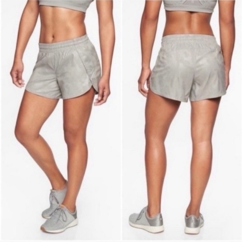 Athleta Light Gray/Silver Shimmer Camo Racer Run Shorts 4.5”, Size SMALL